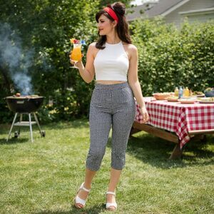 ELLE Gingham Print Pattern Stretch Ankle Cropped Pants, M, Retro Capri